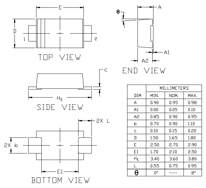 Mechanical Drawing - onsemi NRVHP160SF Surface Mount Ultrafast Power Rectifier